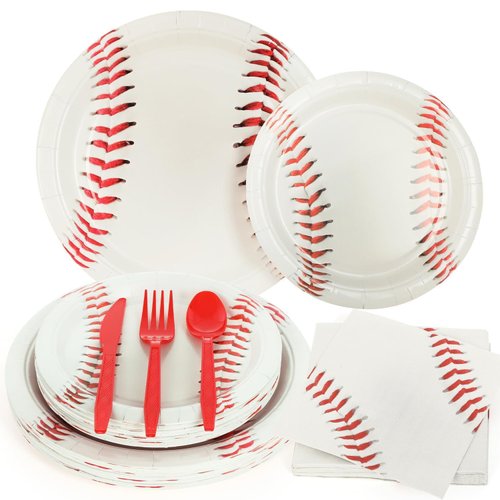 FULJOOY 144 Pcs Baseball Party Supplies Paper Baseball Plates and Napkins Dinnerware Set Tableware Supplies Includes Paper Plates Napkins Forks Serve 24 for Birthday Sports Baseball Party decorations