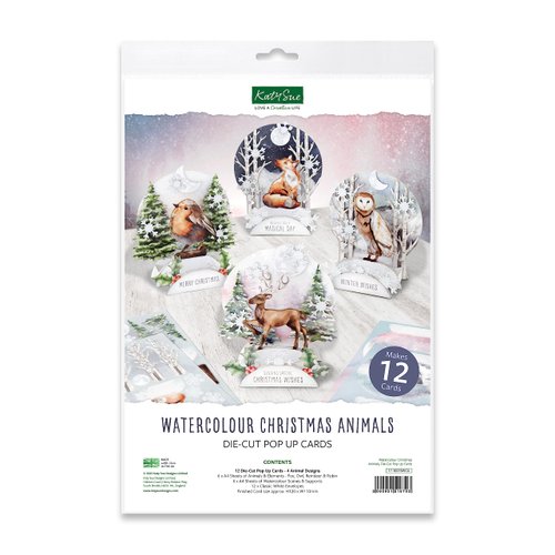 Katy Sue Watercolor Christmas Animals Die-Cut Pop-Up Card Making Kit for Adults - Makes 12 Cards With Festive Animals. Contains 12 Cards, 12 Sheets of Elements, & 12 Envelopes for Card Making Supplies
