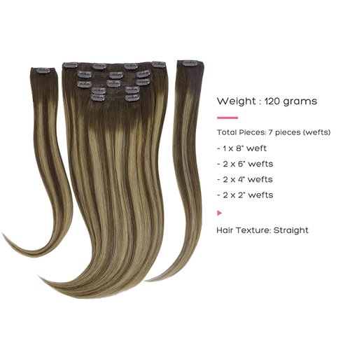 Marat Hair Extensions Clip in Human Hair, Balayage Chocolate Brown to Caramel Blonde Clip in Hair Extensions 14 inch 120g Straight Clip in Hair Extensions Human Hair