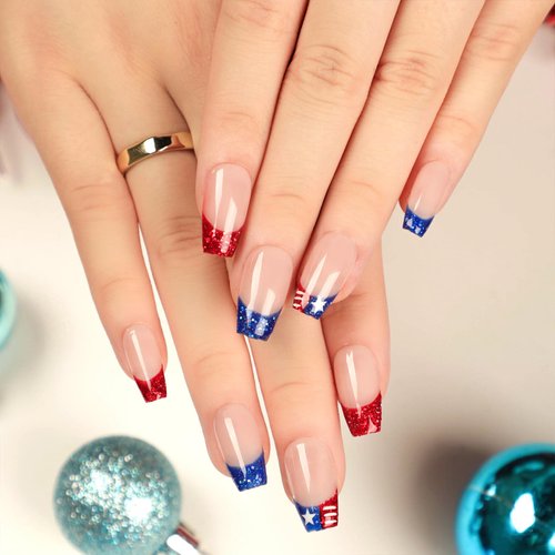 4th of July Press on Nails Medium Coffin Fake Nails Red Blue Glitter French Tip Nails Press ons Independence Day False Nails with Star Designs Nude Full Cover Stick on Nails for Woman 24Pcs