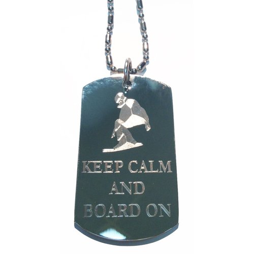 Keep Calm and Board On Snowboarder - Military Dog Tag, Luggage Tag Metal Chain Necklace