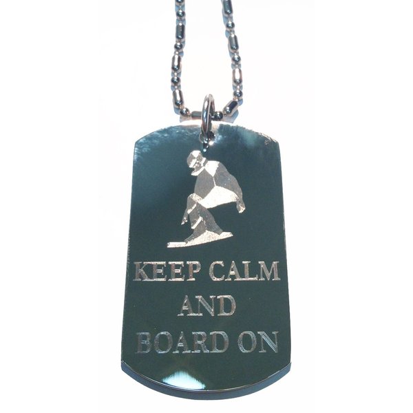 Keep Calm and Board On Snowboarder - Military Dog Tag, Luggage Tag Metal Chain Necklace