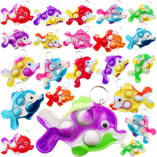 Roaqua 50 Packs Bulk Fish Mini Pop Fidget Key chain， Birthday Party Favors Supplies Student summer Prizes Gifts