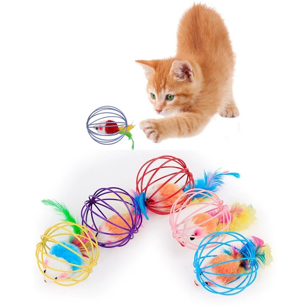 Oiuyamn Cat Interactive Toys, Metal Cage with Colourful Plush Mouse Toys, Kitten Teething Toys, Cat Chew Toys, Cat Indoor Exercise Toys Ball, 1PCS Random Color