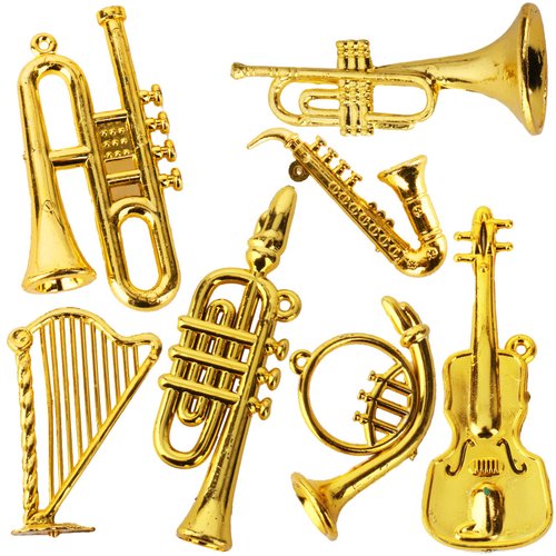 Mini Musical Instruments Set Miniature Musical Instruments Gold Christmas Tree Ornaments Mini Instruments Collection with Tiny Guitar Trumpet Saxophone Dollhouse Accessories Holiday Decorations 7pcs