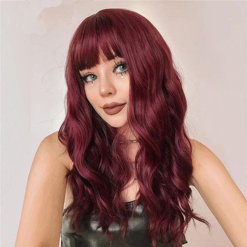 Amarlis Wine Red Wavy Wig for Women, 24 Inch Ombre Burgundy Curly Wigs with Bangs Natural Looking Heat Resistant Synthetic Fiber Wig