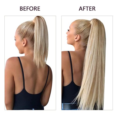 RUNATURE Long Ponytail Hair Extensions 20 Inch Human Hair Ponytail Extension Straight Ash Blonde Highlight Bleach Blonde Natural Ponytail Real Hair Extensions with Magic Paste Pony Tail Extension 80g