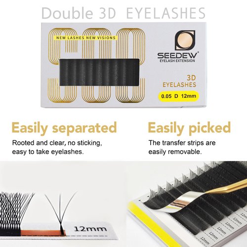 SEEDEW 3D-Double Tips Lash Extensions, 0.07mm D Curl 11mm 12 Rows/Tray, W Shape 3DD Flat Stem, PBT Natural False Eyelashes for Beginner Artist, Lash Tech, Beauty Salon(3DD-Matte Black-0.07-D-11mm)