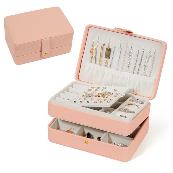 BUTI4WLD Travel Jewelry Organizer, PU Leather Small Jewelry Organizer for Women Girls, 2 Layers Portable Travel Jewelry Case for Stud Earrings, Rings, Necklaces, Bracelets(Pink+Small)