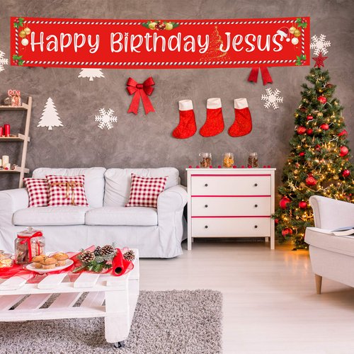 Ushinemi Happy Birthday Jesus Banner Christmas Party Decorations for Outdoor Yard Decor Sign,9.8X1.6 Ft