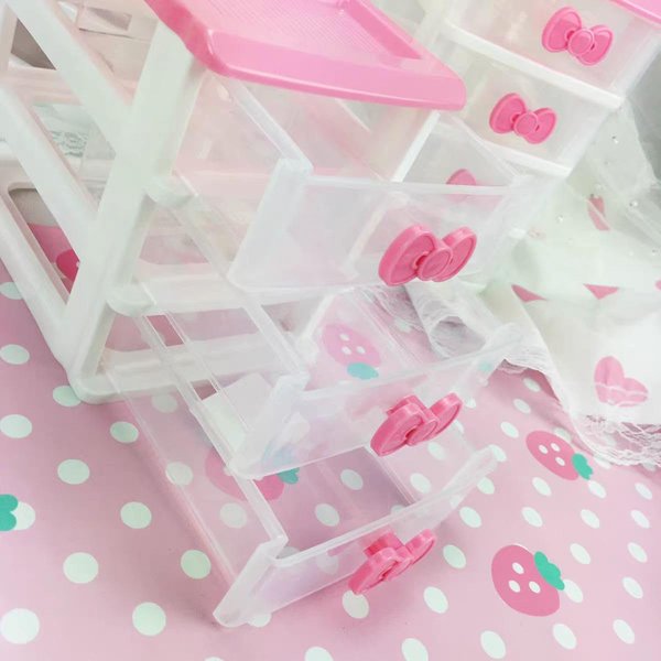 WQURC Lovely Girls Receiving Storage Cabinets Box Room Desktop Makeup Organizer With Three-tier Desk Receiving Drawers N Pink Bowknot,Plastic