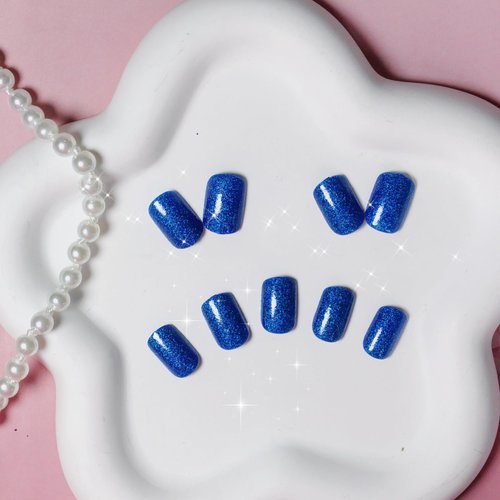 Royal Blue Glitter Press on Nails Short Nails Glue On,KQueenest Iridescent Shimmer Acrylic Fake Nails with Salon UV Finish,Sparkling Gel Nails Press ons Petite,Glossy Flash Stick on Nails Short False Nails with Designs for Home Manicure in 24 PCS