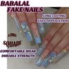 BABALAL Long Square Press on Nails Blue French Fake Nails Glitter Glue on Nails 3D Butterfly Rhinestone Flower Acrylic Nails Squoval Manicure False Nails for Women and Girls