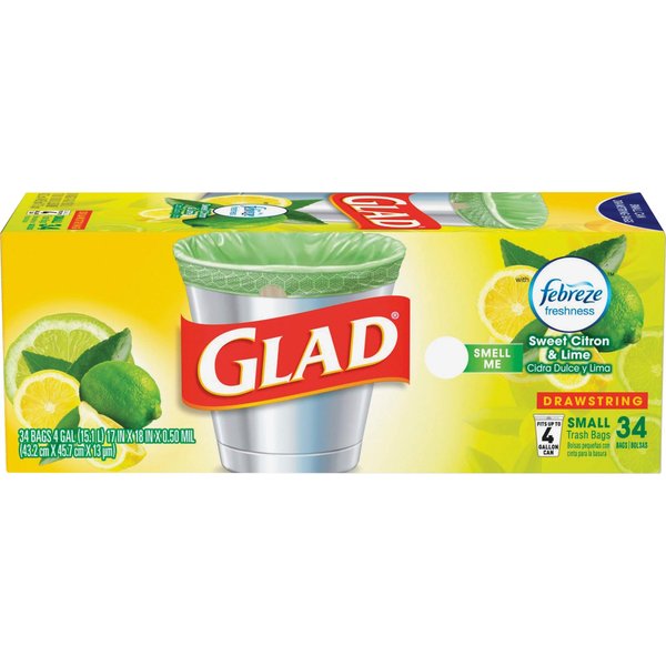 Glad Small Kitchen Drawstring Trash Bags, 4 Gallon, Febreze Sweet Citron & Lime, 34 Count