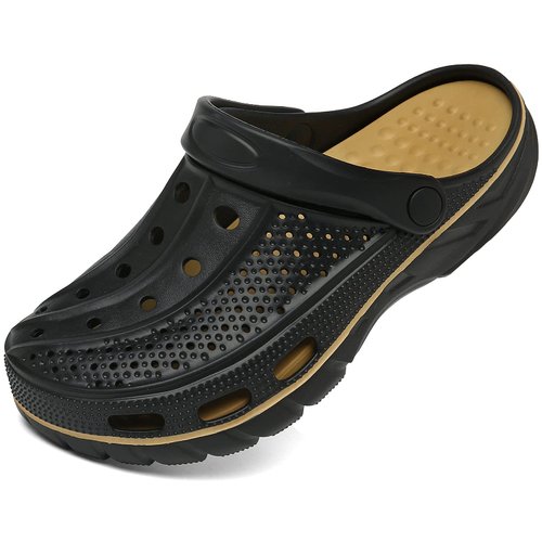 ChayChax Men's and Women's Arch Support Clogs Garden Shoes Slip-on Outdoor Beach Slippers with Removable Cushion Footbed, Black Gold, 12-13 Women/10.5-11.5 Men