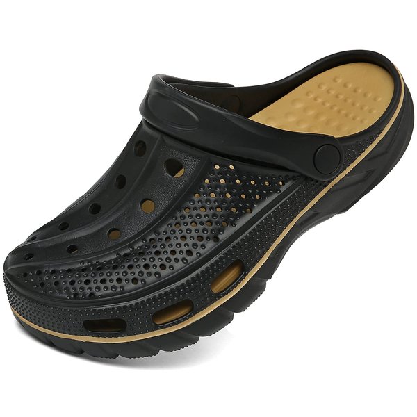 ChayChax Men's and Women's Arch Support Clogs Garden Shoes Slip-on Outdoor Beach Slippers with Removable Cushion Footbed, Black Gold, 12-13 Women/10.5-11.5 Men