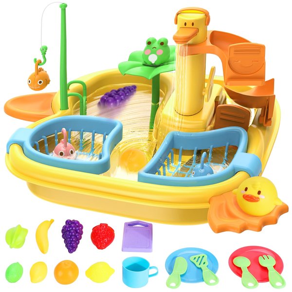 ITEFDTUTNE Play Sink with Running Water, 2 in 1 Kitchen Sink Toys Pool Floating Fishing Game with Automatic Water Cycle System, Cutting Food, Water Toys for Toddlers, Kids Role Play Dishwasher Toy