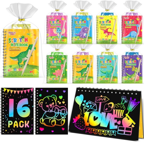 Party Favors Birthday Gifts for Kids: 16 Pack Scratch Art Notebook Party Favors for Kids Goodie Bags Stuffers Girls Boys Art Craft Kit Birthday Gifts for Classroom Prizes Christmas Gifts - Dinosaur