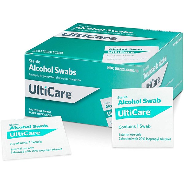 UltiCare Multi-Purpose Sterile and Antiseptic 2-Ply Alcohol Swabs: Ultra Thick and Soft, Individually Foil Wrapped, Saturated with 70% Isopropyl Alcohol, 200 count