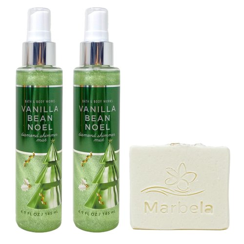 Bath & Body Works Vanilla Bean Noel 2 Pack Diamond Shimmer Mist Bundle with a Natural Oats Bar Soap