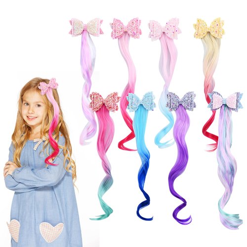 Bekecidi 8 Styles Hair Accessories for Girls, Colored Hair Extensions for Kids Nylon Rainbow Hair Clips for Toddler Kids Girls Ponytails Accessories