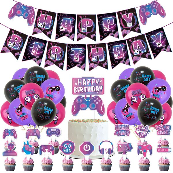 Video Game Birthday Party Decoration Set, Purple Game Birthday Party Supplies, Includes Birthday Banner Balloon Cake Decoration