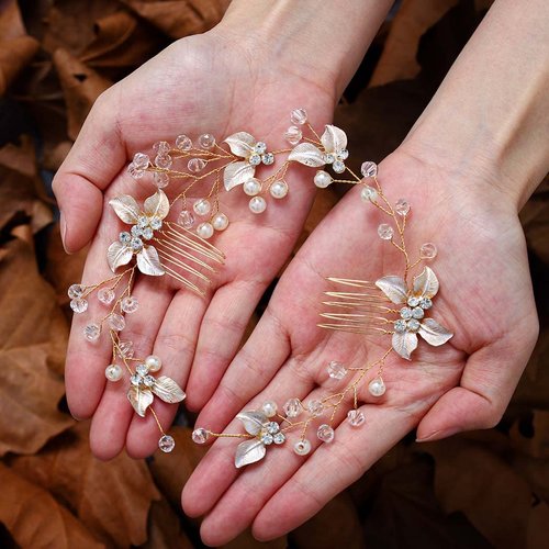 Salliy Wedding Hair Comb Gold Leaf Bridal Hair Piece Silver Rhinestone Hair Accessories for Women and Girls (F)