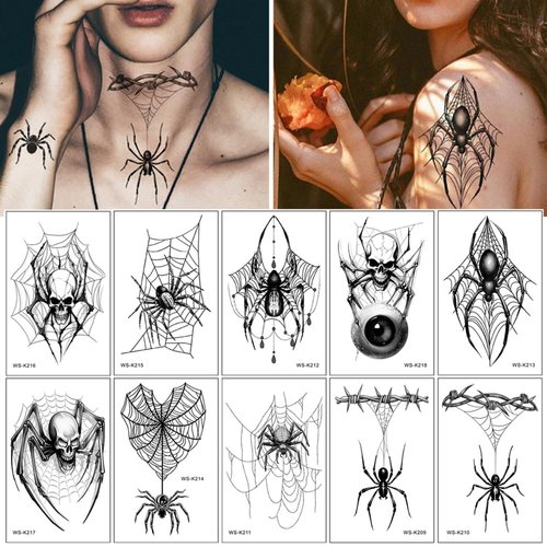 CMJSGG 10 Sheets Halloween Temporary Tattoos 3D Spider Web Fake Tattoos Halloween Makeup Stickers Realistic Spider Tattoo Stickers for Women Men Kids Halloween Face Tattoos Party Supplies, Black