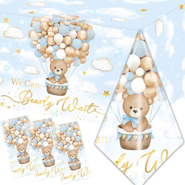 Bear Baby Shower Tablecloth, We Can Bearly Wait Baby Shower Decorations 3Pcs Blue Teddy Bear Table Cover, Bear Baby Gender Reveal Tablecloths for Kids Baby Shower Birthday Party Supplies, 108x180cm