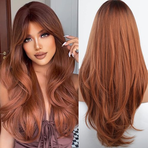 BLONDE UNICORN Orange Wigs for Women Long Auburn Red Wig with Bangs Layered Wigs Red Wigs Auburn Hair Wigs for Women Cosplay Wigs…
