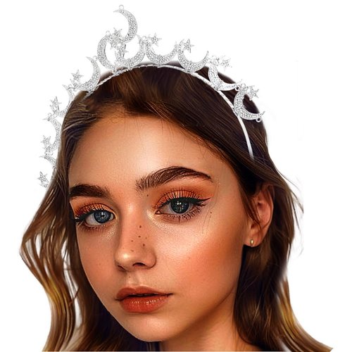 Barode Moon Crown Headband Silver Star Bride Tiaras Bridal Wedding Headpiece Princess Angel Prom Birthday Party Hair Accessories for Women