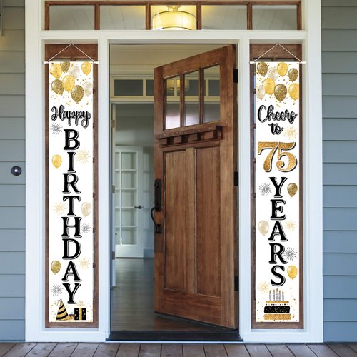 LASKYER Happy 75th Birthday Decorations,75th Gold Balloon Birthday Theme Door Hanging Banner Sign,75 Years Old Bday Party Supplies.