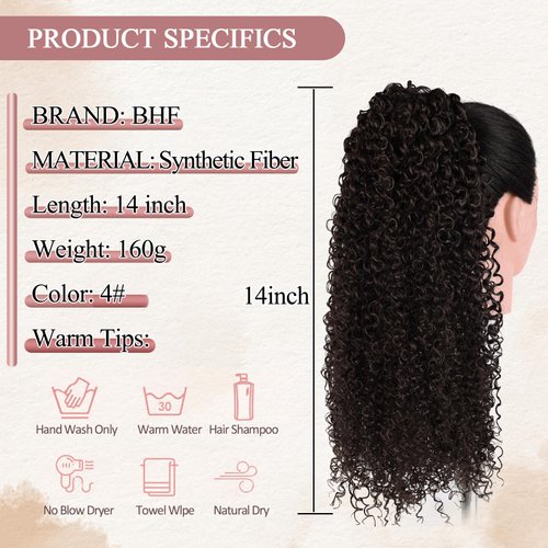 Curly Drawstring Ponytail for Black Women 14" Kinky Curly Natural Look Synthetic Hair Clip On Ponytails Extension for Women (Cholocate Brown #4)