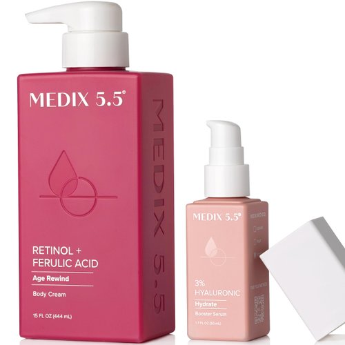 MEDIX Retinol Body Lotion + 3% Hyaluronic Acid Booster Serum Moisturizer 2PC Skin Care Set | Crepey Skin Care Treatment | Retinol Body Cream | Retinol Cream Targets Sagging Crepe Skin & Wrinkles, 2PC
