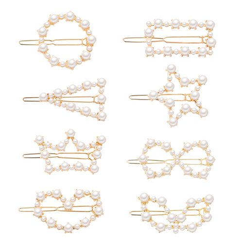 AKOAK 8 Pcs/set Heart-shaped Round Metal Hair Clip Pentagram Geometric Pearl Hair Clip Bangs Clip Ponytail Hair Accessories for Ladies and Girls