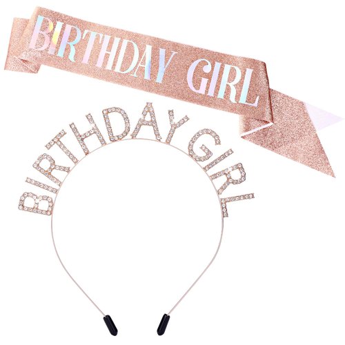 Birthday Girl Headband, Rose-Gold Birthday Girl Sash & Birthday Tiara for Women Set Headband Happy Birthday Crown for Women Girls, Rhinestone Happy Birthday Accessories Crown Birthday Tiara Gifts
