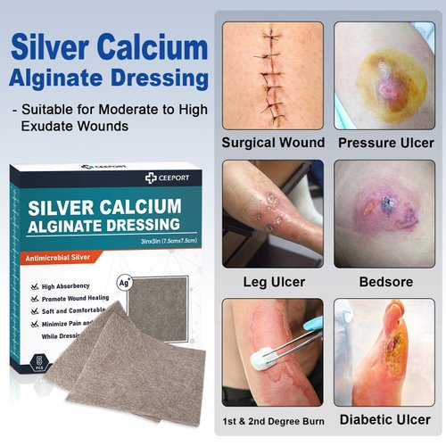 Ceeport Silver Calcium Alginate Wound Dressing 3'' x 3'', 5 Individual Pack, Highly Absorbent Dressing Gauze, Soft and Comfortable Silver Dressing for Wound Care, Non Stick Pads for Wounds