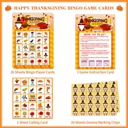 WhatSign Thanksgiving Bingo Games for Kids Adults 26 Players Gnome Thanksgiving Bingo Cards Happy Thanksgiving Party Games Bingo Cards Fall Autumn Thanksgiving Activities Classroom Family Party Favors