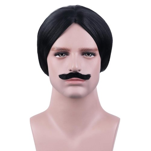 RightOn Men's Black Wig Short Black Wig and Mustache Black Bob Wig for Men Halloween Party Costume Wig