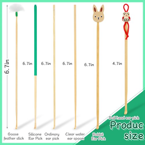 Tondiamo 6 Pieces Bamboo Wood Ear Pick Bamboo Ear Pickers Ear Cleaning Tools for Humans Bamboo Cute Doll Bunny Goose Feather Earpick for Adults Kids Ear Cleaning Kit