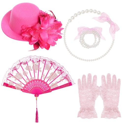 obmwang 5 Pieces Tea Party Supplies Tea Party Gloves Hats Tea Party Necklace Fan for Tea Party Costume