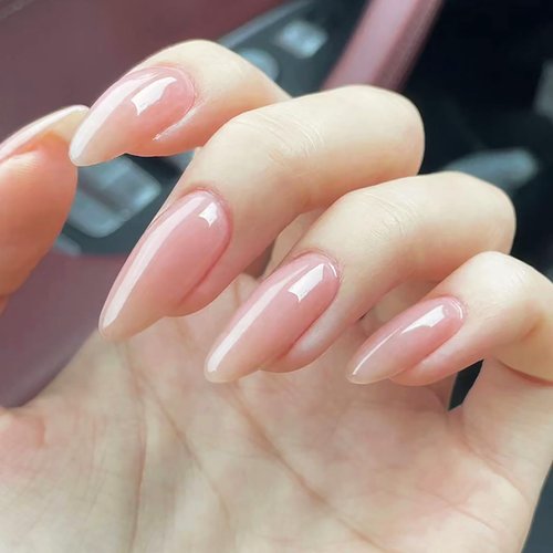 24Pcs Almond Press on Nails Nude Color Fake Nails Medium False Nails with Solid Color Designs Glossy Acrylic Nails for Women and Girls Reusable Stick on Nails Jelly Press on Nails DIY Manicure