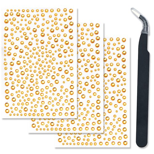 3 Sheets Face Gems Self Adhesive Rhinestones Stick on Face Jewels Stickers Decorations for Face, Makeup, Nail, Crafts (Yellow)