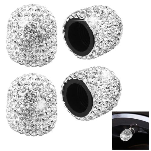 4 Pack Bling Valve Stem Caps, Sparkling White Handmade Crystal Rhinestone Car Tire Valve Caps Bling Car Valve Stem Covers Chrome Attractive Dustproof