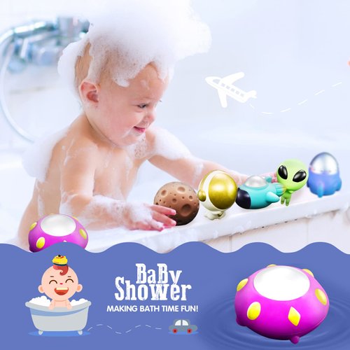 Bath Toys Light Up Floating Space Bath Tub Toy Set 6pcs Glowing Bath Toy Universe Theme Toy with Astronaut Rocket Ship Alien UFO Planet Model Educational Preschool Shower Pool Toys Gift for Kids