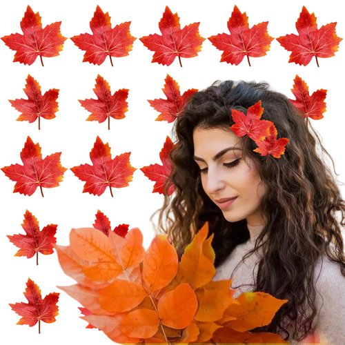 16Pcs Fall Maple Leaf Hair Clips Thanksgiving Autumn Orange Maple Leaves Hairpin Artificial Leaves Hair Barrettes Hair Accessories for Women Birthday Wedding Thanksgiving Day Party