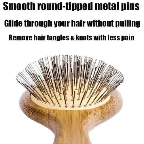 Wooden Paddle Detangling Brush Metal Bristle Hair Brush for Women and Men, Anti-frizz Styling Hairbrush Comb for Curly Fine Wavy Normal Hair, Scalp Massage Brush, Wet or Dry Use