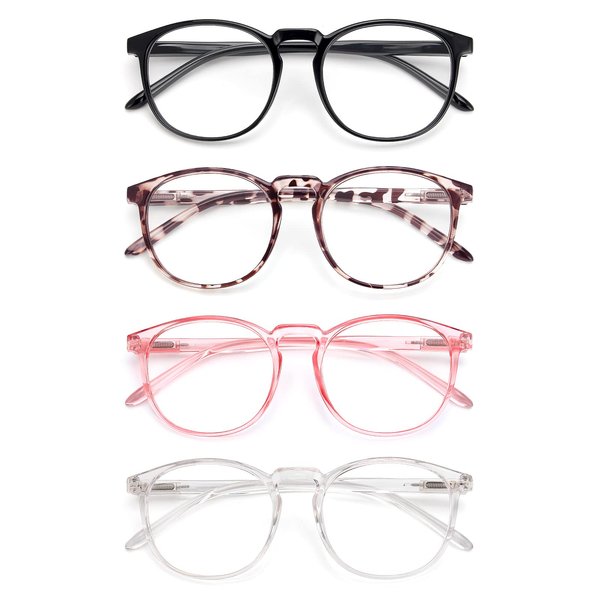 IBOANN Blue Light Blocking Glasses W/Gaming/Night Vision Cilps 4 Pack Round Fashion Retro Frame Eyewear-Anti 99.9% UV ray