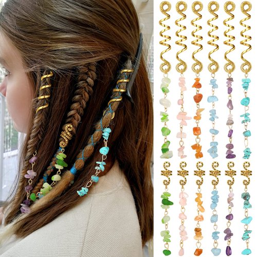 12 Pcs Colored Natural Stone Pendant Loc Hair Jewelry Crystal Dreadlock Accessories Metal Hair Clips for Locs Pirate Accessories for Women Hair Charms for Women Girls Braids, 6 Colors (Fresh Colors)