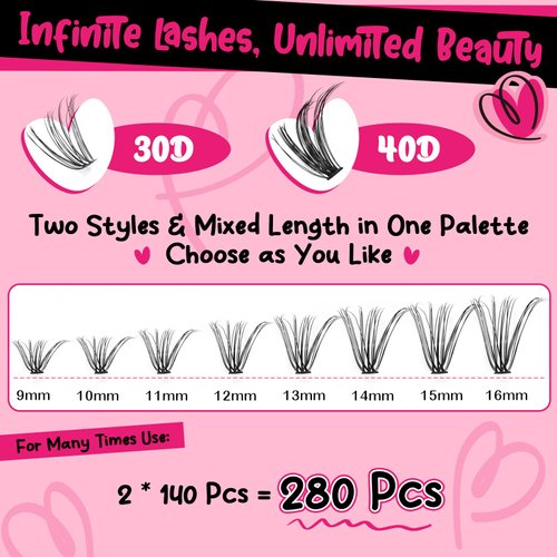 Lash Extension Kit 280Pcs Lash Clusters Eyelash Extension Kit with Lash Bond and Seal Lash Remover Lash Applicator Individual Lashes Kit Eyelash Brush Easy to Apply at Home(30D+40D-9-16mix Kit)